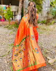 Orange Paithani Silk Saree with Peacock Motifs Rich Zari Border
