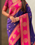 Violet Soft Silk Peacock Border Motifs Zari Woven Saree