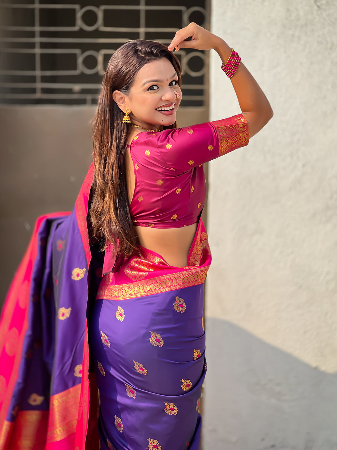 Violet Soft Silk Peacock Border Motifs Zari Woven Saree