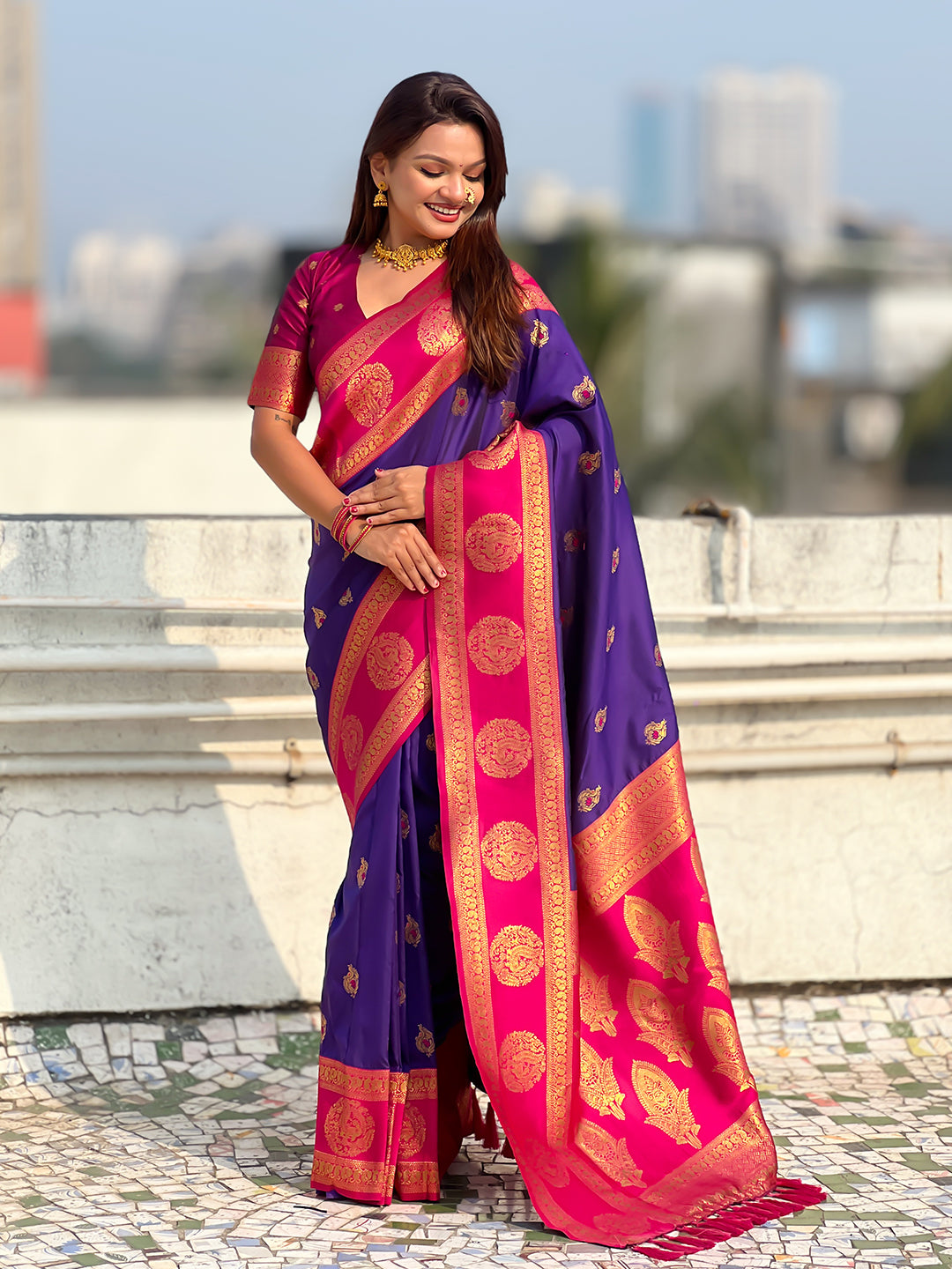 Violet Soft Silk Peacock Border Motifs Zari Woven Saree