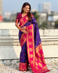 Violet Soft Silk Peacock Border Motifs Zari Woven Saree