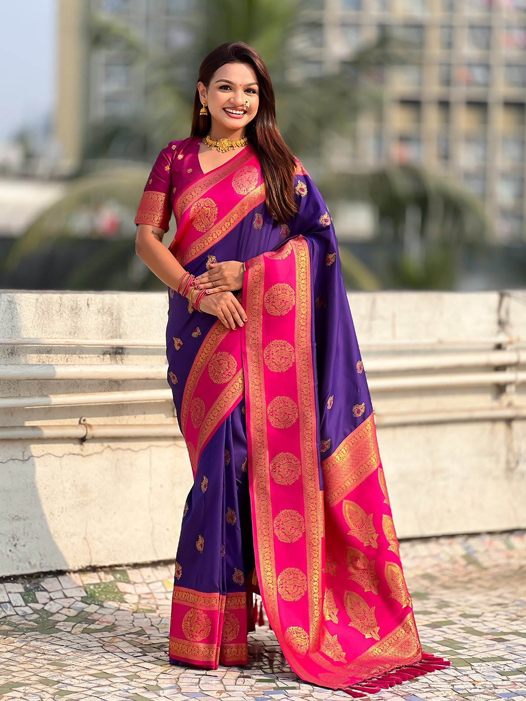 Violet Soft Silk Peacock Border Motifs Zari Woven Saree