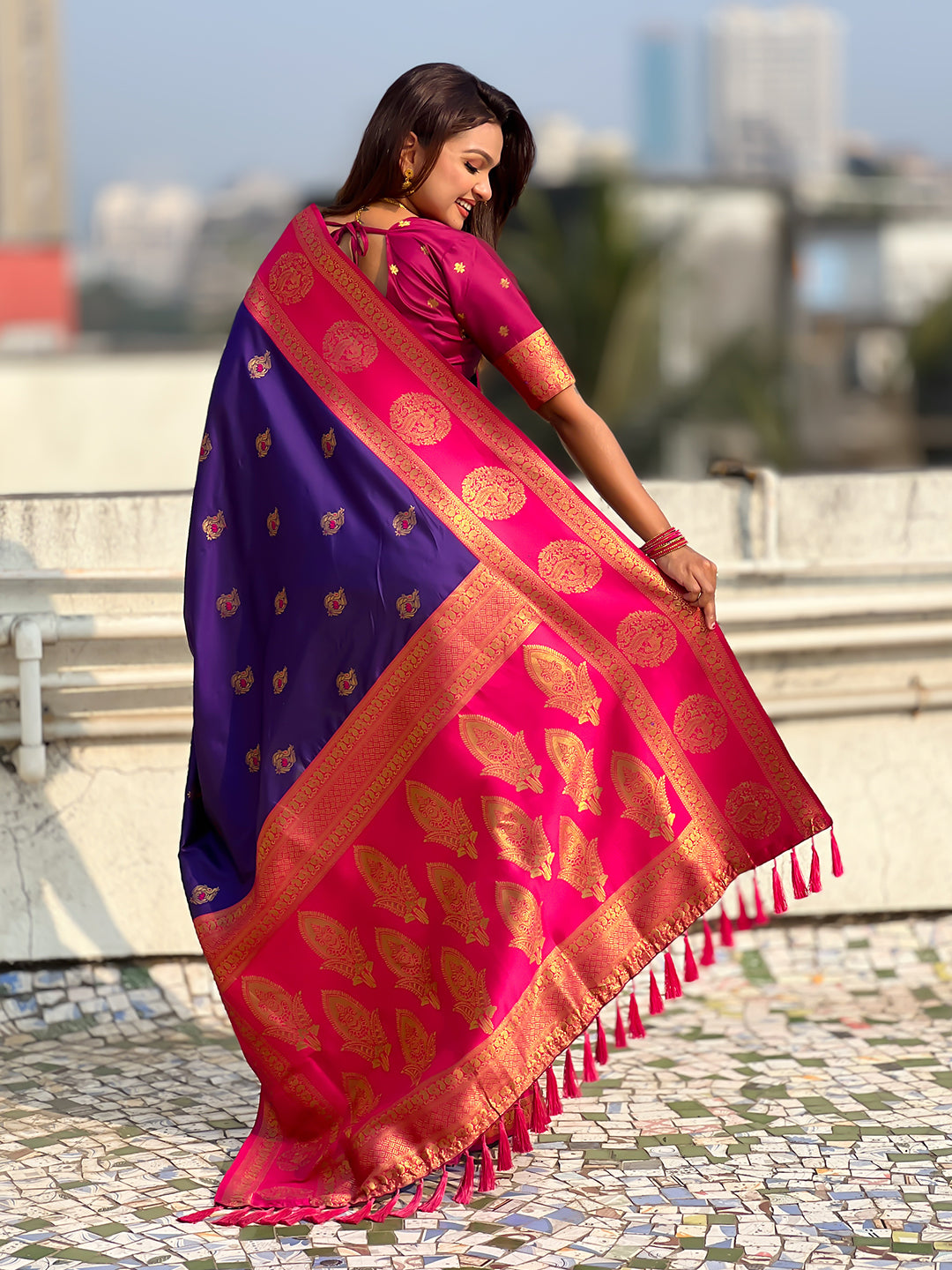 Violet Soft Silk Peacock Border Motifs Zari Woven Saree