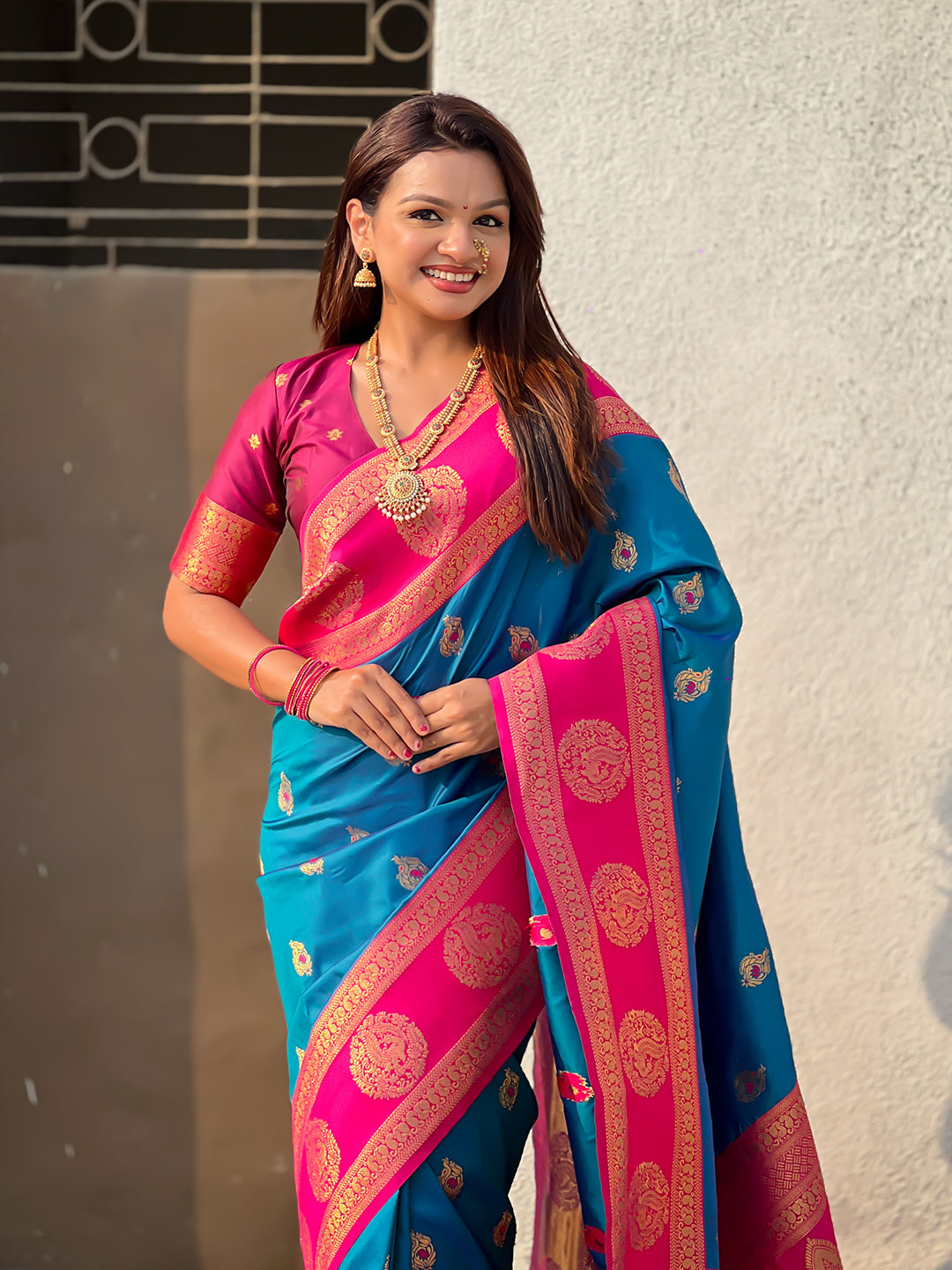 Rama Blue Soft Silk Peacock Border Motifs Zari Woven Saree