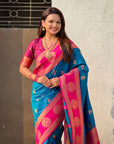 Rama Blue Soft Silk Peacock Border Motifs Zari Woven Saree