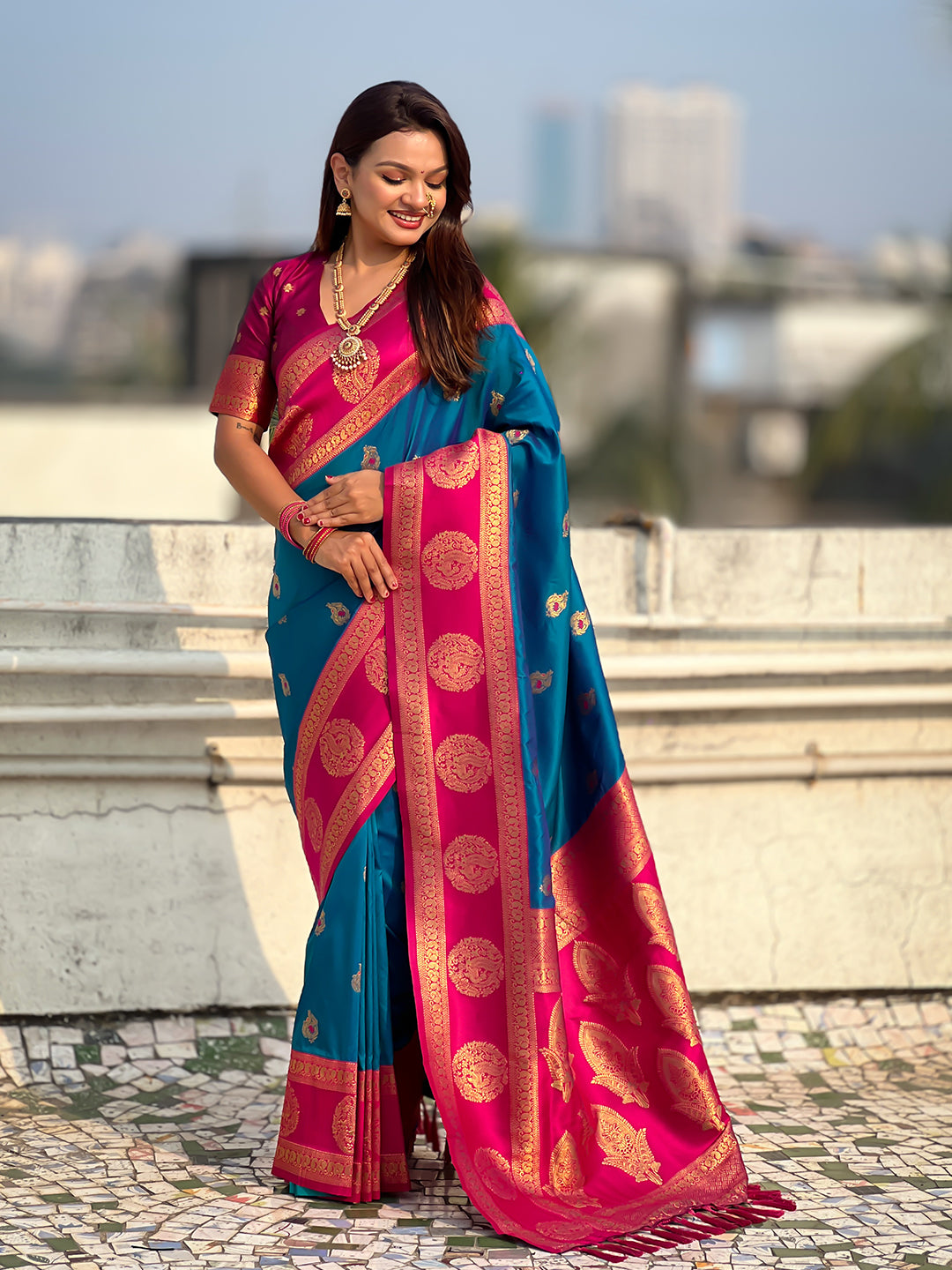 Rama Blue Soft Silk Peacock Border Motifs Zari Woven Saree