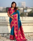 Rama Blue Soft Silk Peacock Border Motifs Zari Woven Saree