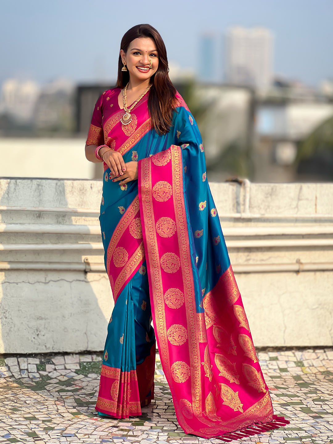 Rama Blue Soft Silk Peacock Border Motifs Zari Woven Saree