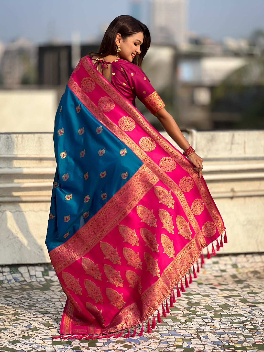 Rama Blue Soft Silk Peacock Border Motifs Zari Woven Saree