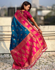 Rama Blue Soft Silk Peacock Border Motifs Zari Woven Saree
