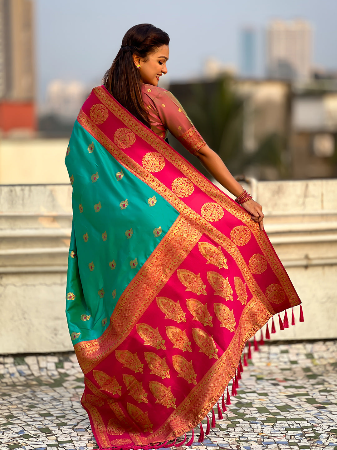 Sky Blue Soft Silk Peacock Border Motifs Zari Woven Saree