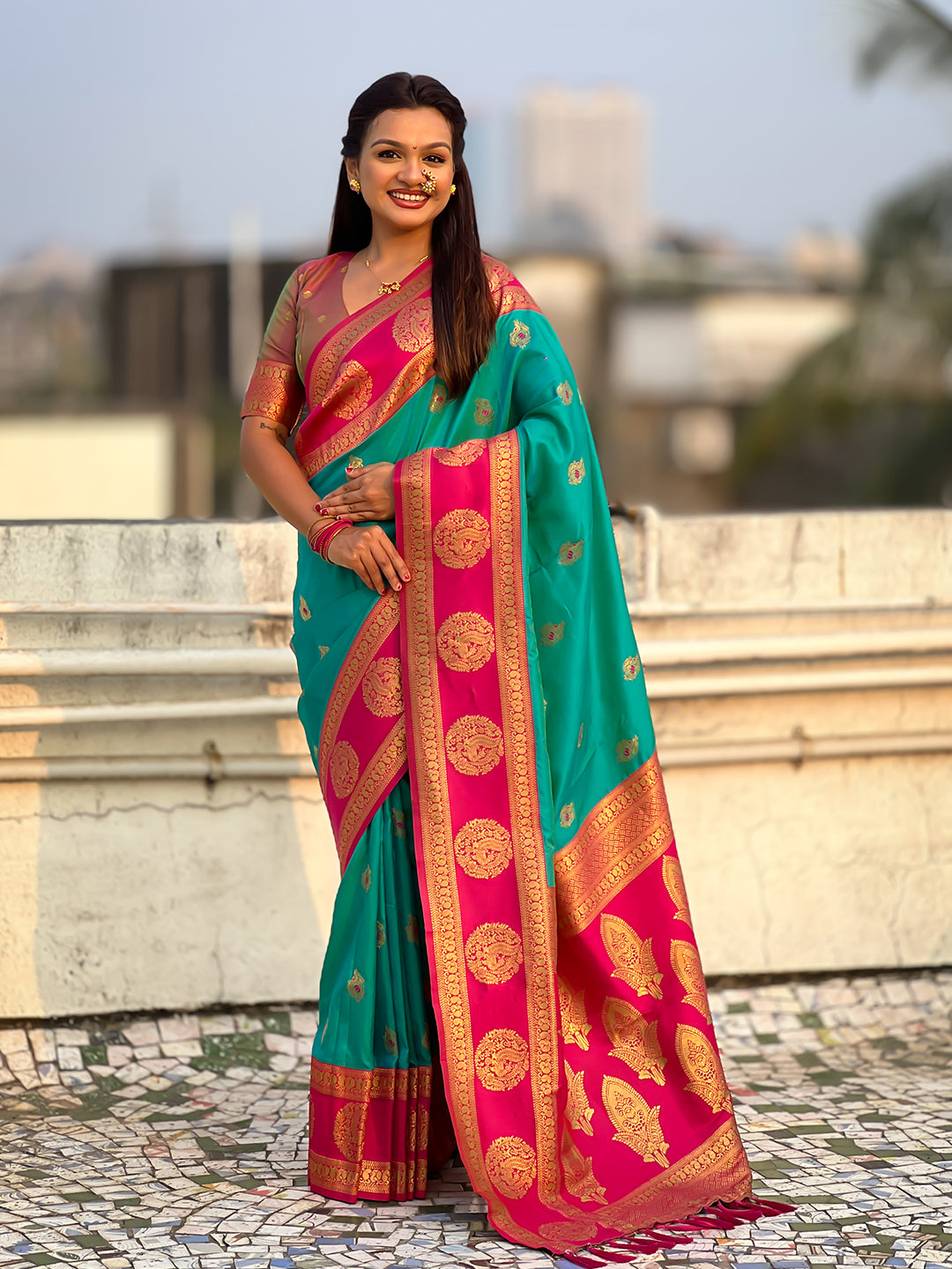 Sky Blue Soft Silk Peacock Border Motifs Zari Woven Saree