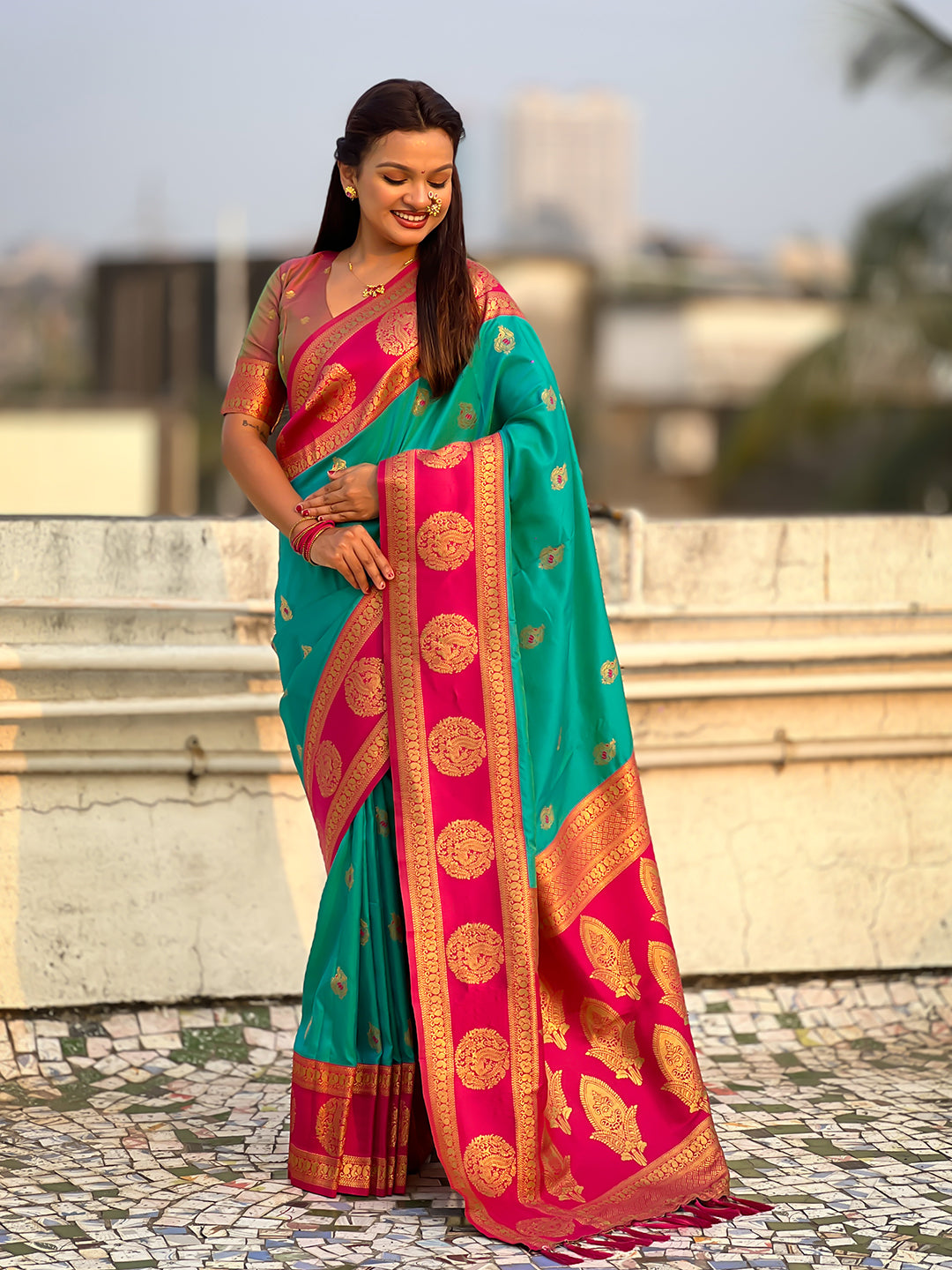 Sky Blue Soft Silk Peacock Border Motifs Zari Woven Saree