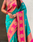 Sky Blue Soft Silk Peacock Border Motifs Zari Woven Saree