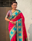 Rani Pink Soft Silk Peacock Border Motifs Zari Woven Saree