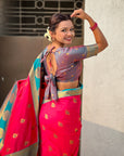 Rani Pink Soft Silk Peacock Border Motifs Zari Woven Saree