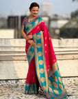 Rani Pink Soft Silk Peacock Border Motifs Zari Woven Saree