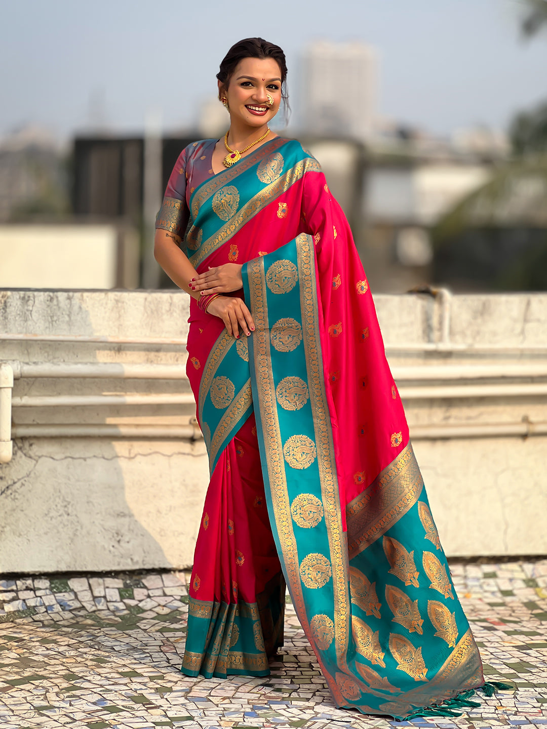 Rani Pink Soft Silk Peacock Border Motifs Zari Woven Saree