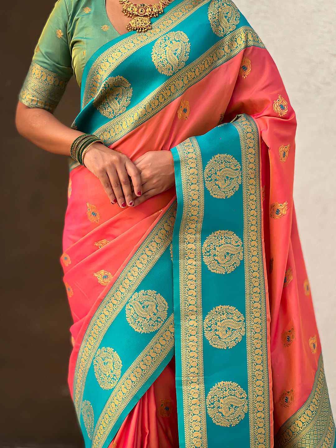 Peach Soft Silk Peacock Border Motifs Zari Woven Saree