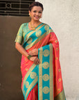 Peach Soft Silk Peacock Border Motifs Zari Woven Saree