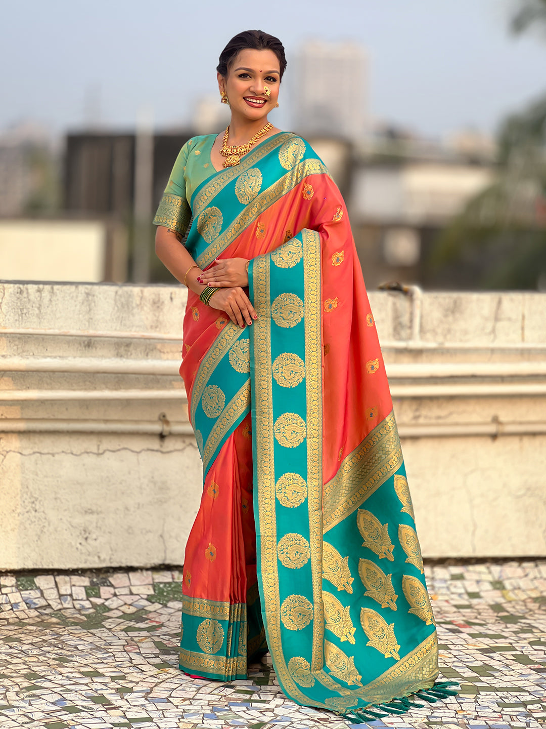 Peach Soft Silk Peacock Border Motifs Zari Woven Saree