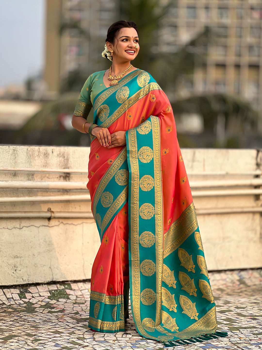 Peach Soft Silk Peacock Border Motifs Zari Woven Saree
