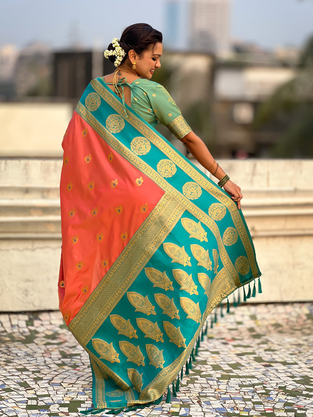 Peach Soft Silk Peacock Border Motifs Zari Woven Saree