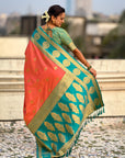 Peach Soft Silk Peacock Border Motifs Zari Woven Saree