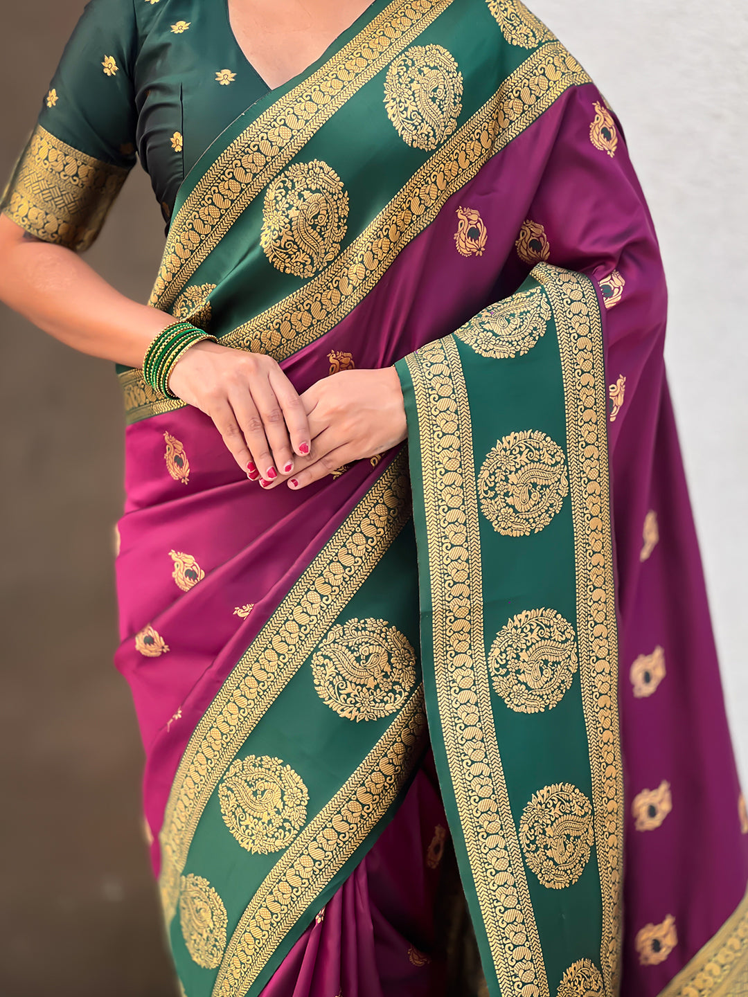 Wine Soft Silk Peacock Border Motifs Zari Woven Saree