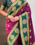 Wine Soft Silk Peacock Border Motifs Zari Woven Saree