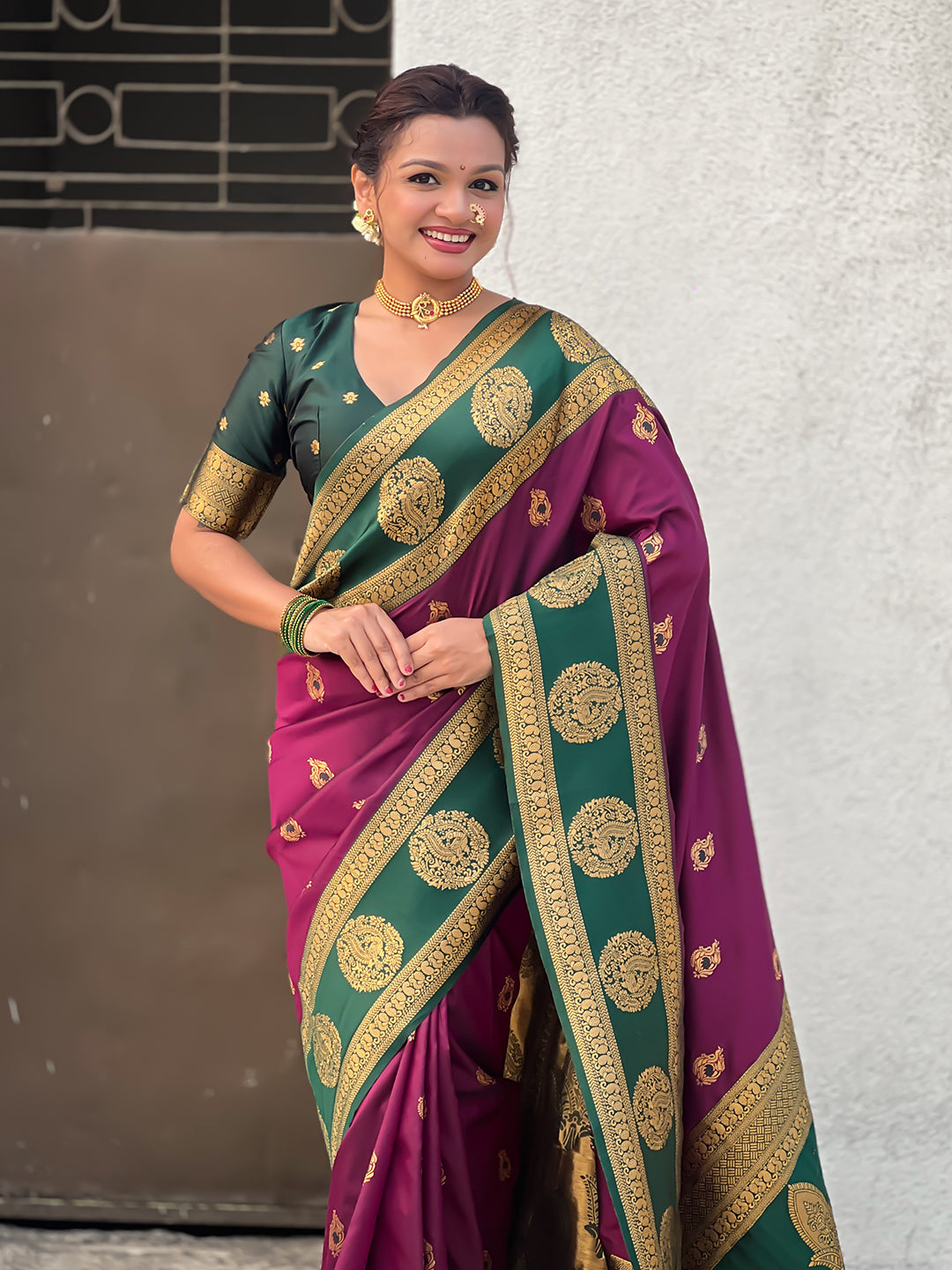 Wine Soft Silk Peacock Border Motifs Zari Woven Saree