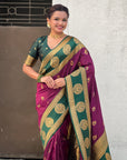 Wine Soft Silk Peacock Border Motifs Zari Woven Saree