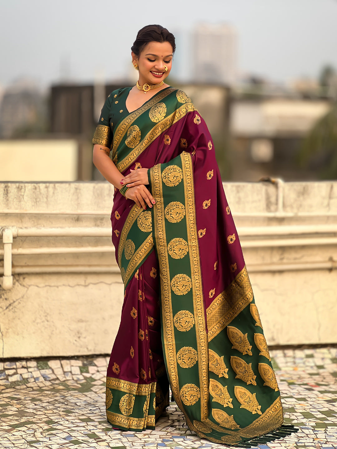 Wine Soft Silk Peacock Border Motifs Zari Woven Saree