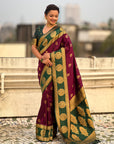 Wine Soft Silk Peacock Border Motifs Zari Woven Saree
