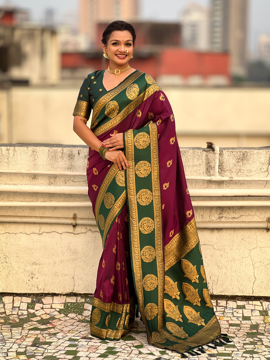 Wine Soft Silk Peacock Border Motifs Zari Woven Saree