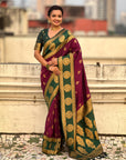 Wine Soft Silk Peacock Border Motifs Zari Woven Saree