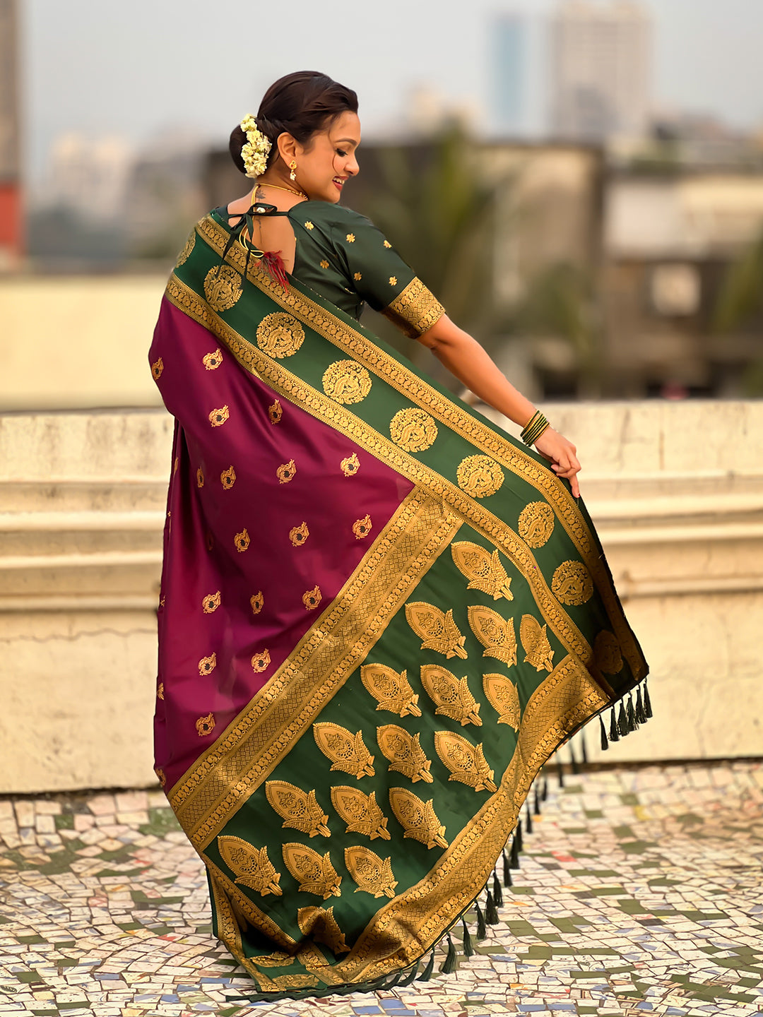 Wine Soft Silk Peacock Border Motifs Zari Woven Saree