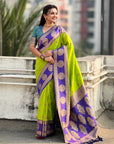 Parrot Green Soft Silk Peacock Border Motifs Zari Woven Saree