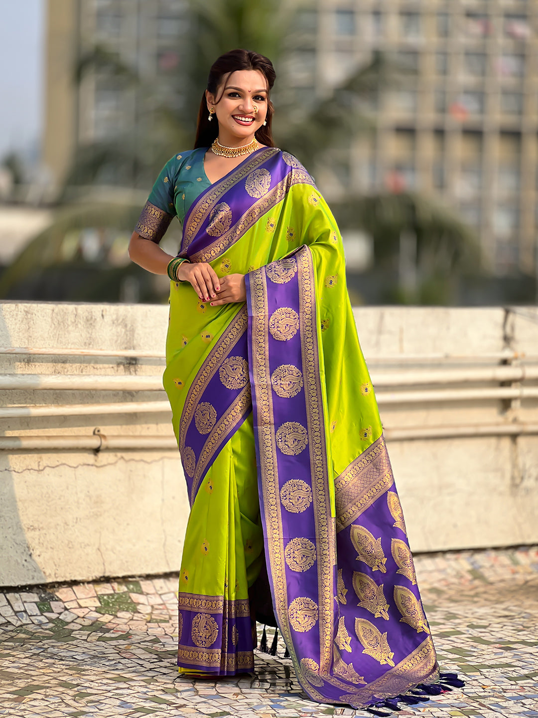 Parrot Green Soft Silk Peacock Border Motifs Zari Woven Saree