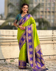 Parrot Green Soft Silk Peacock Border Motifs Zari Woven Saree