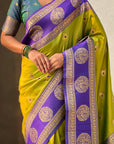 Mehendi Green Soft Silk Peacock Border Motifs Zari Woven Saree