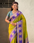 Mehendi Green Soft Silk Peacock Border Motifs Zari Woven Saree