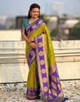 Mehendi Green Soft Silk Peacock Border Motifs Zari Woven Saree