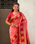 Baby Pink Soft Silk Peacock Border Motifs Zari Woven Saree