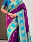 Purple Soft Silk Peacock Border Motifs Zari Woven Saree