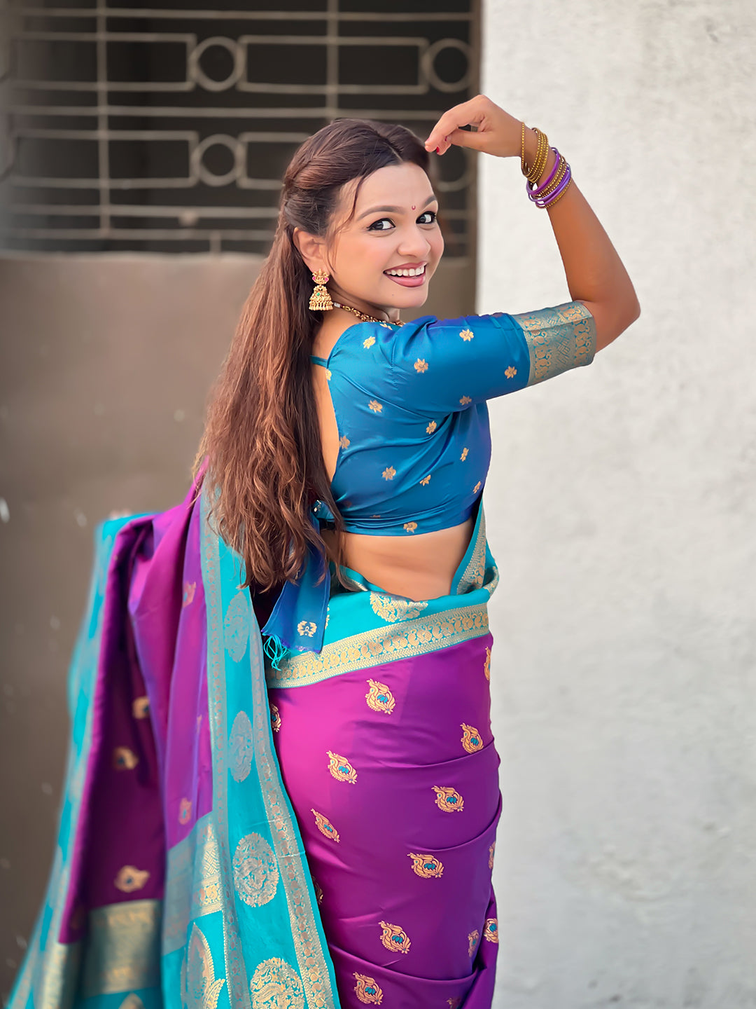 Purple Soft Silk Peacock Border Motifs Zari Woven Saree