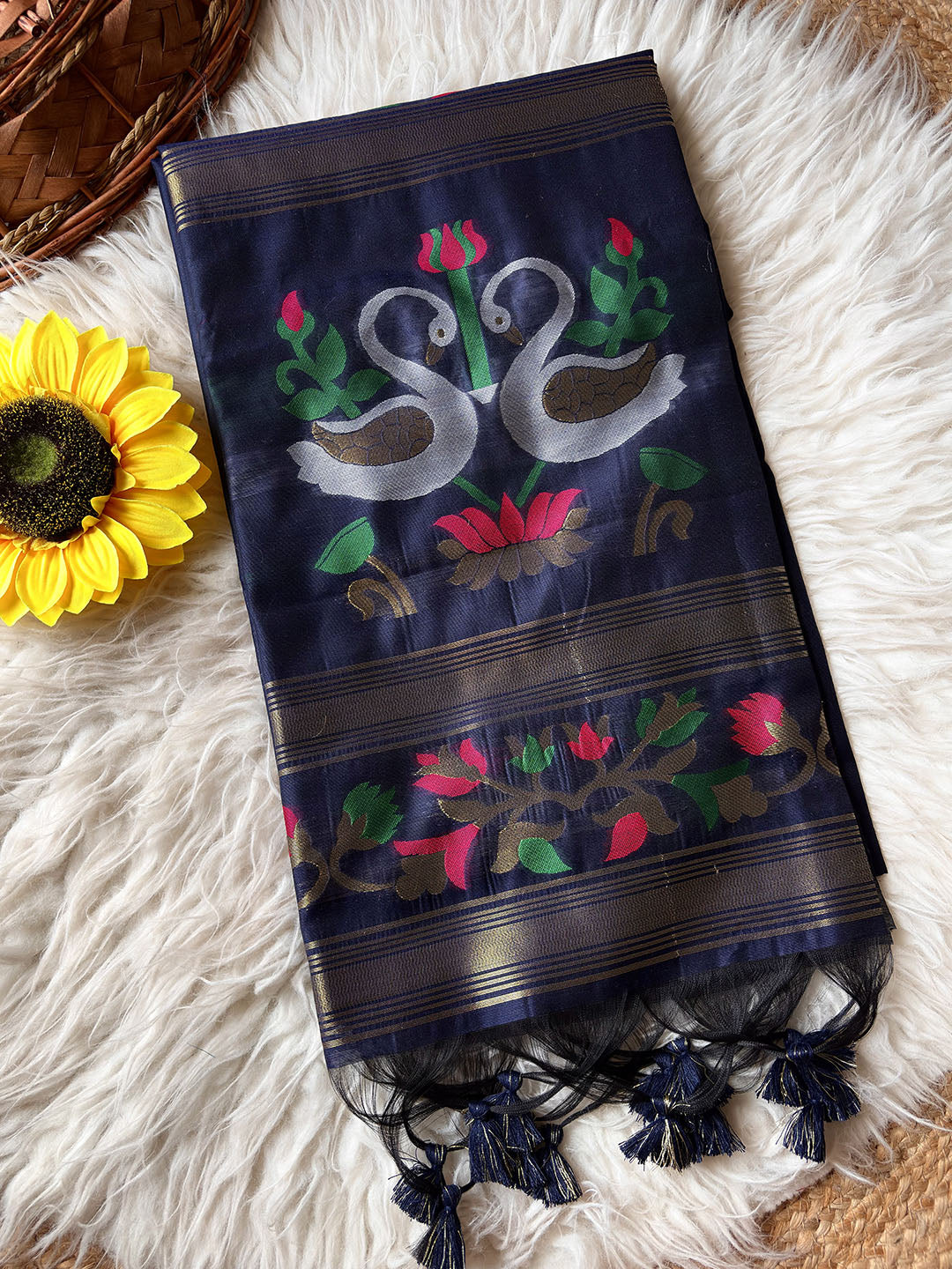 Navy Blue Premium Soft Muga Cotton Swan Pattern Saree