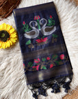 Navy Blue Premium Soft Muga Cotton Swan Pattern Saree