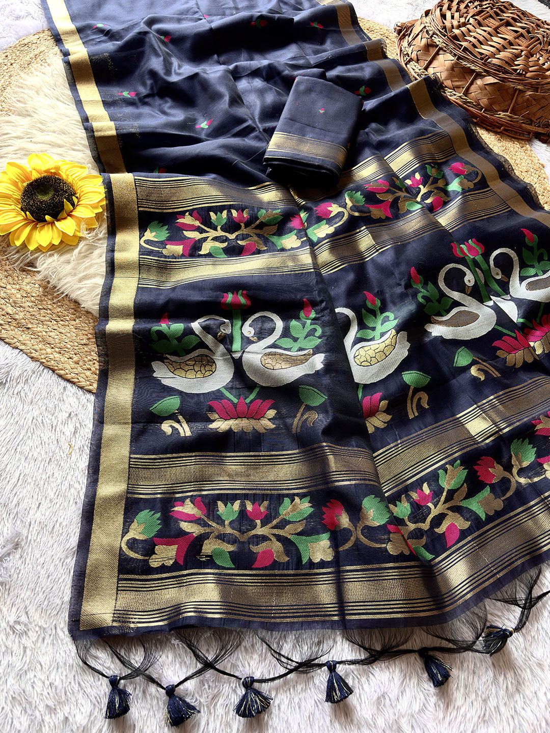 Navy Blue Premium Soft Muga Cotton Swan Pattern Saree