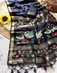 Navy Blue Premium Soft Muga Cotton Swan Pattern Saree